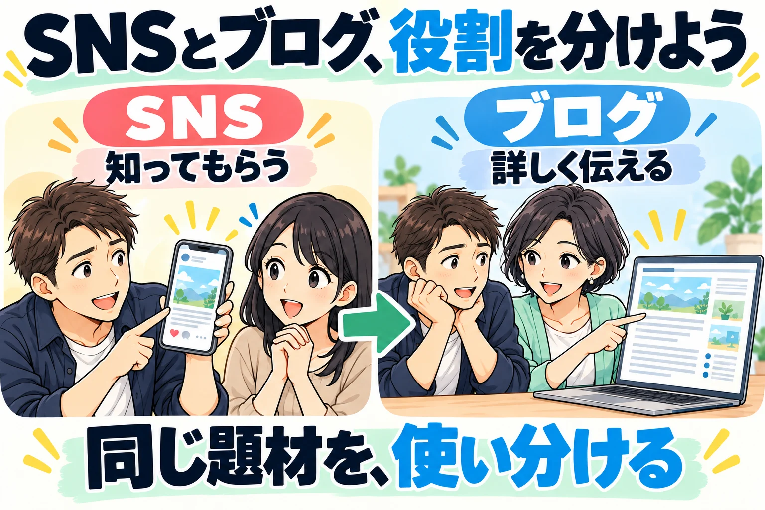 SNSで知ってもらいブログで詳しく伝える役割分担を男女で説明する漫画