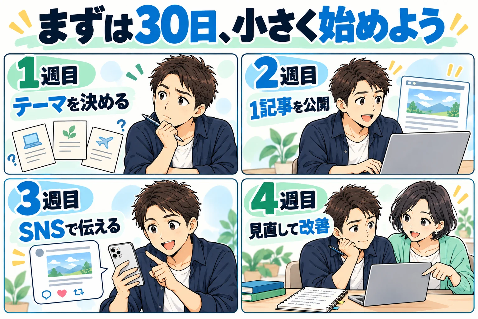 男性がテーマ決め、記事公開、SNS発信、見直しを4週間で進める漫画