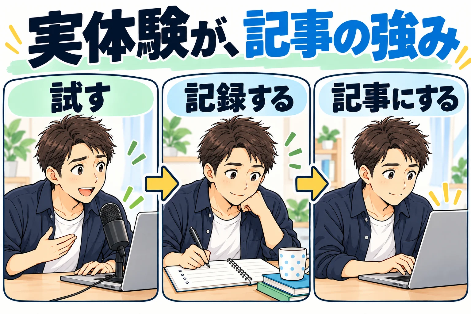 男性が試す、記録する、記事にするという実体験の活用を示す3コマ漫画